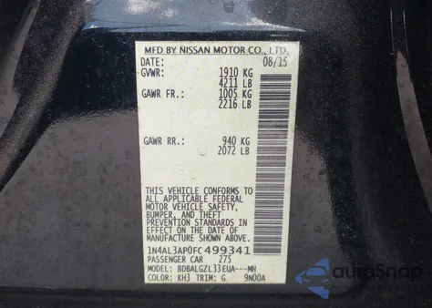 2015 Nissan Altima 2.5 S z USA, uszkodzony, nr VIN 1N4AL3AP0FC499341